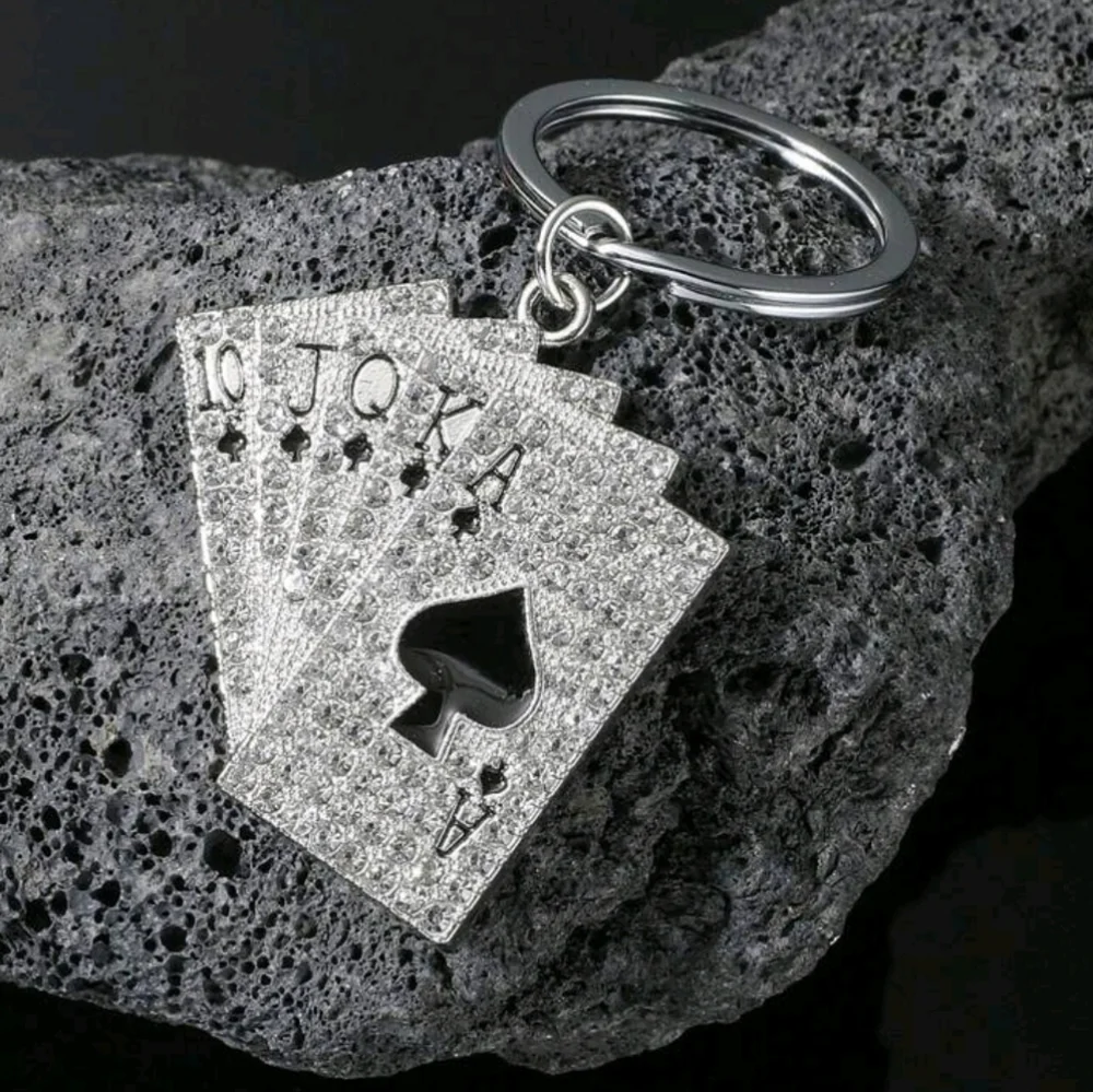 Sparkling Silver Rhinestones Playing Cards Keychain Spades Poker Key Ring Holder